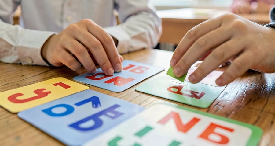 cartões de memória com letras do alfabeto: visão aproximada de pares de cartas dispostas sobre mesa de sala de aula