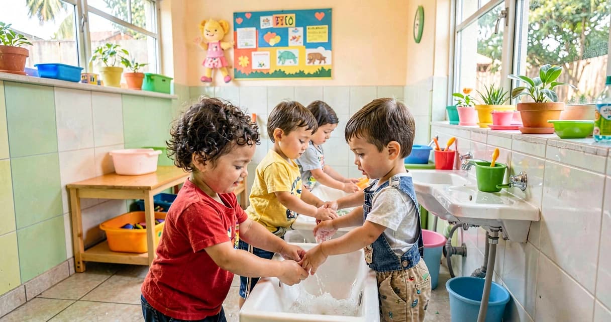 plano de aula lavando as mãos: crianças da creche em fila praticando higiene das mãos