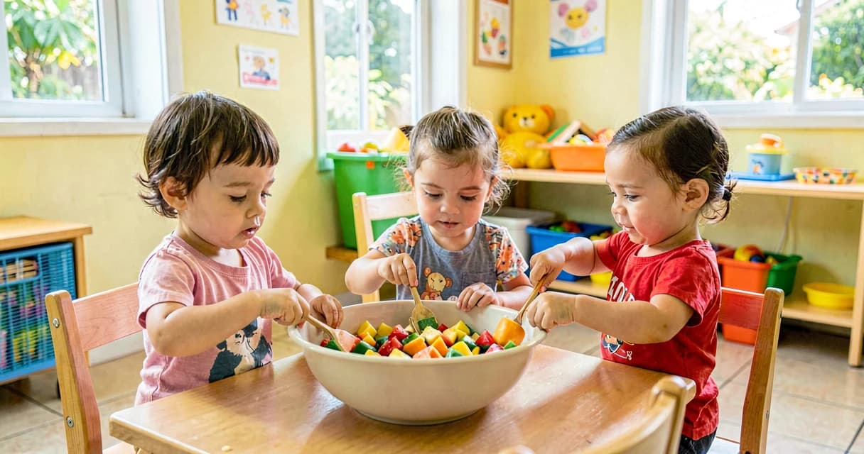 plano de aula salada de frutas: crianças da creche misturando frutas coloridas em tigela