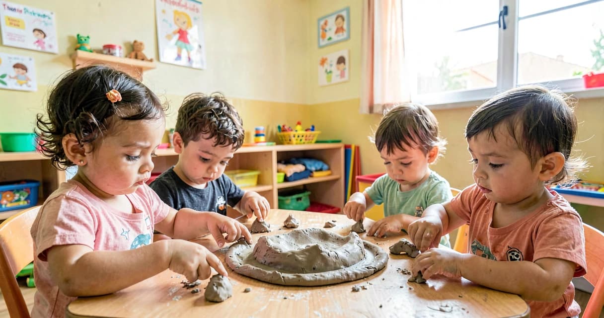 plano de aula argila macia: bebês da creche moldando argila natural com as mãos