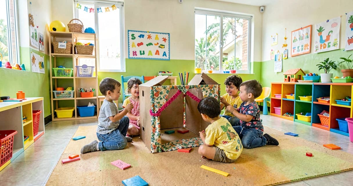 plano de aula cenário de faz de conta: crianças da creche construindo cenário coletivo