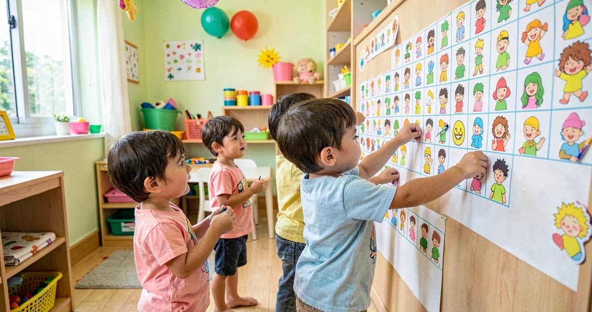 plano de aula gráfico de escolhas: crianças da creche montando gráfico coletivo de preferências