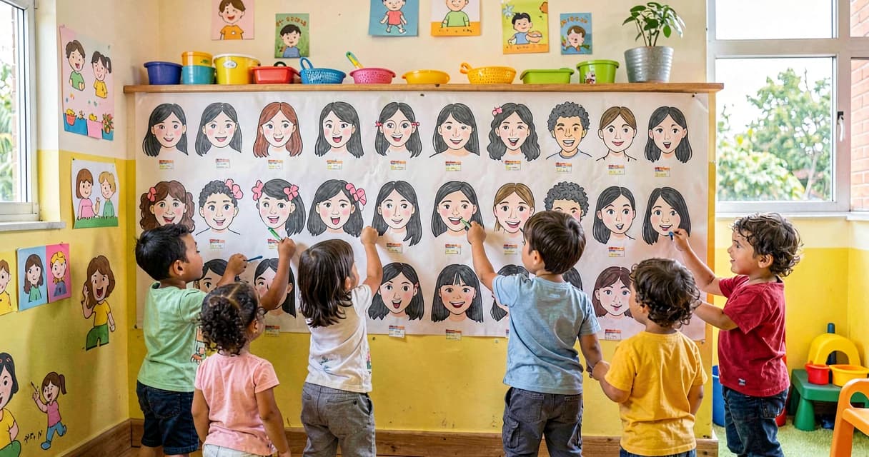 plano de aula mural de expressões: crianças da creche construindo painel coletivo de emoções