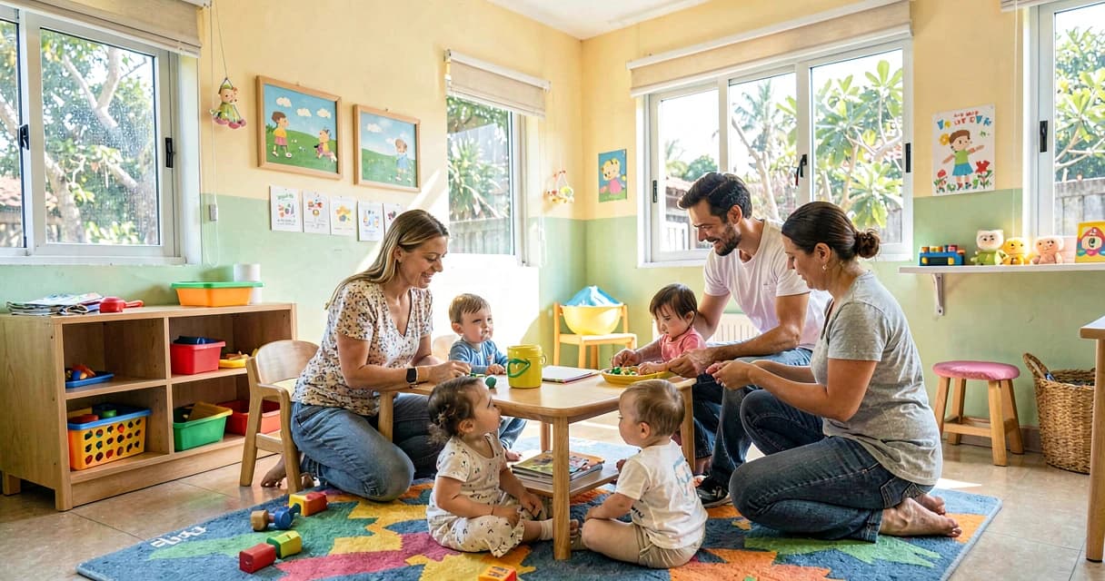 plano de aula mostrando a rotina: famílias observando atividade diária de bebês na creche