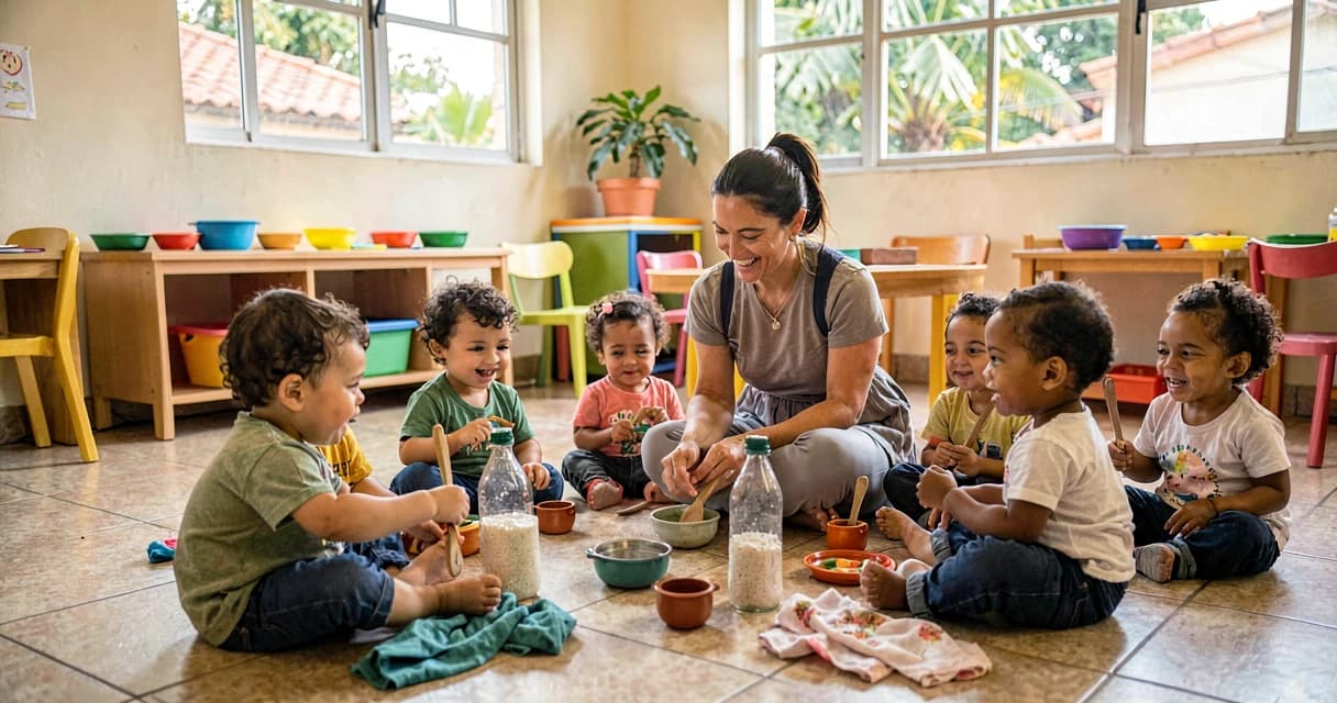 Plano de aula música infantil: crianças bem pequenas em roda na creche explorando instrumentos caseiros com professora