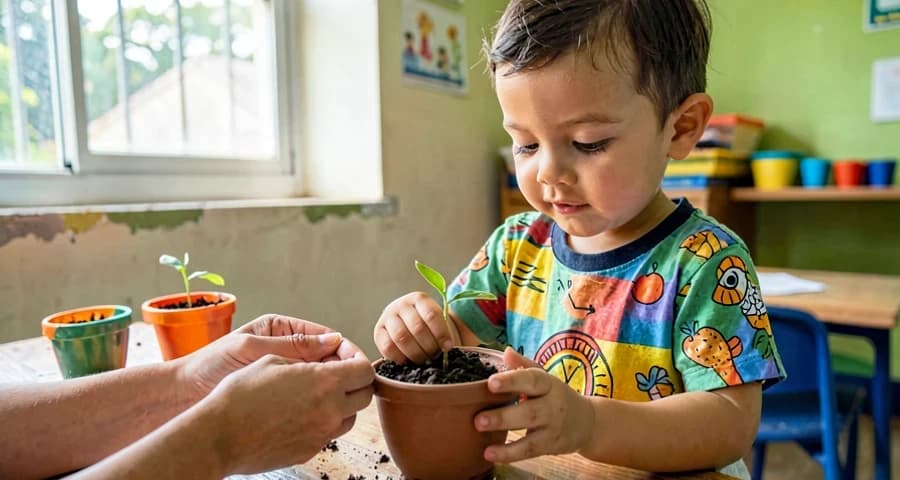 Atividade plantio creche: criança colocando semente em vaso com orientação do professor