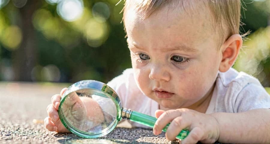 bebê usando lupa para observar insetos durante atividade externa na creche