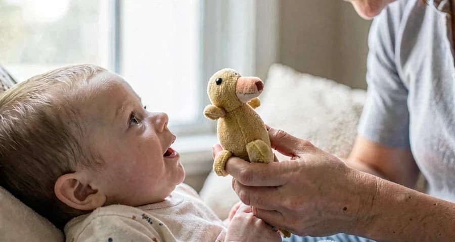 educadora usando fantoche durante atividade de rimas com bebê na creche