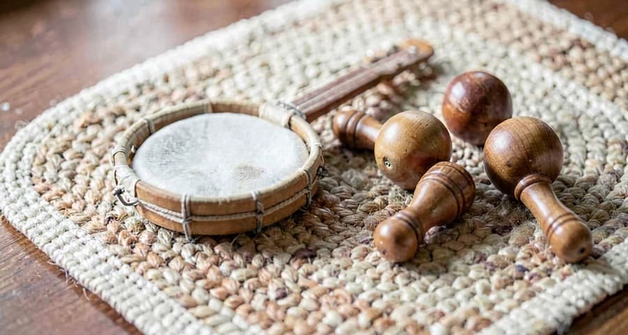 instrumentos musicais pequenos usados em atividade de escuta musical na creche