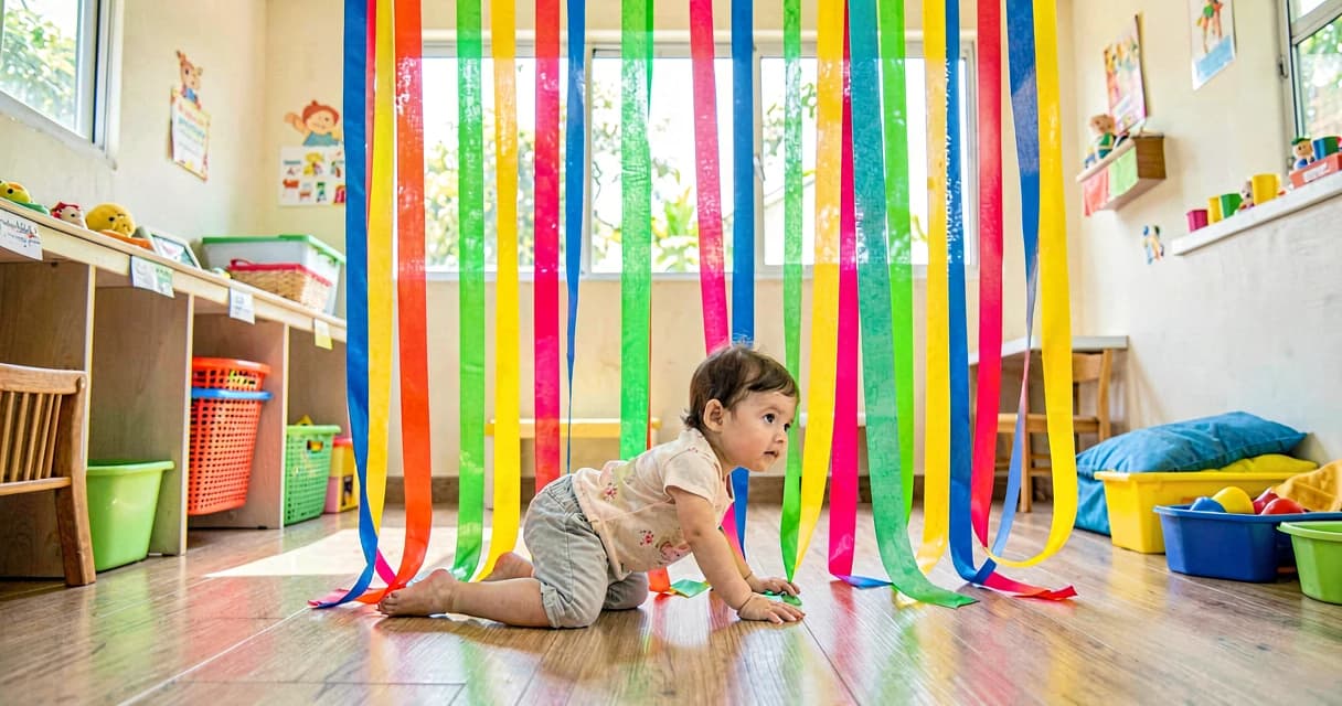 plano de aula cortina de tiras coloridas: bebê da creche atravessando fiapos de papel pendurados