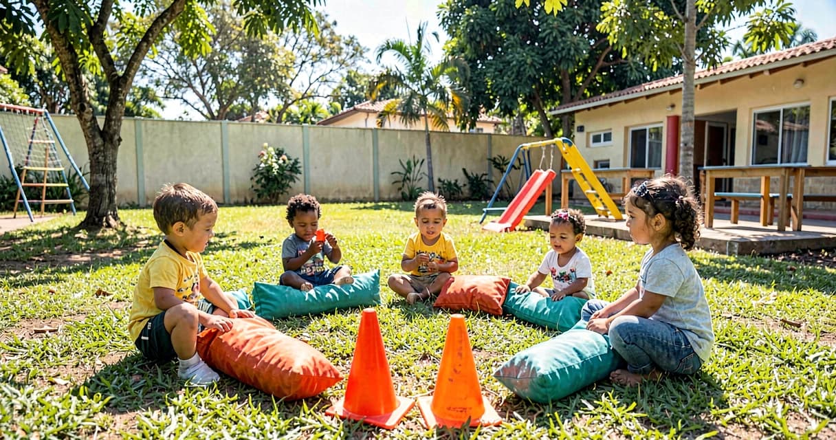 plano de aula circuito de desafios: crianças da creche montando circuito motor juntas