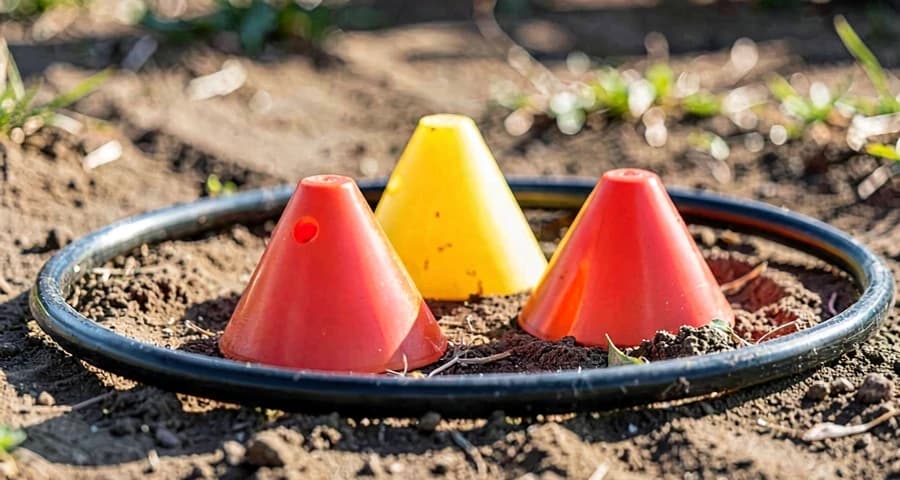 cones e bambolê organizados em circuito motor montado por crianças na creche