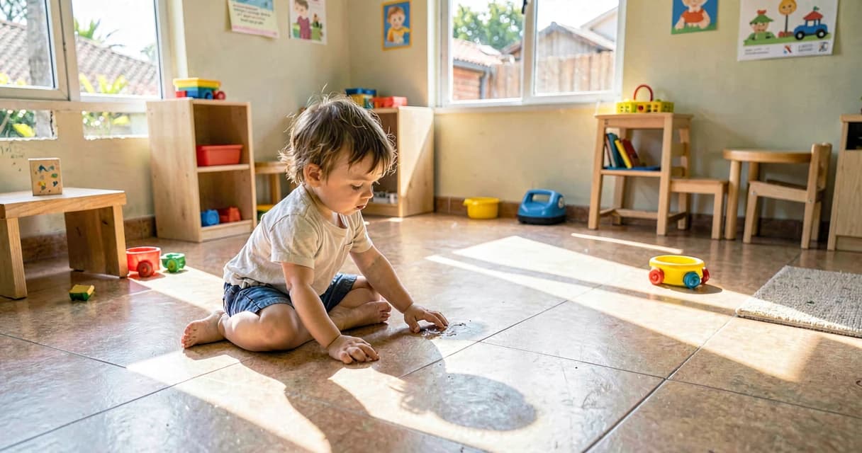 plano de aula luz e sombra: bebê da creche brincando com a própria sombra