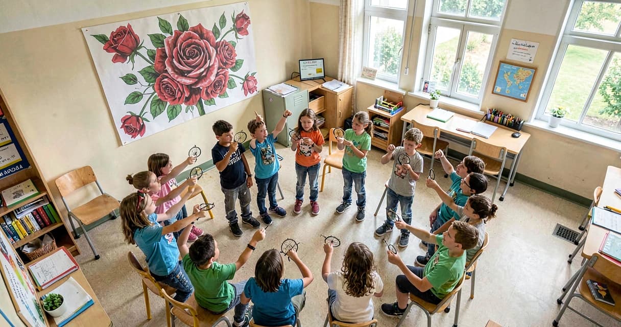 Aula de geografia orientação: alunos do 5º ano com bússolas apontando para diferentes direções cardeais