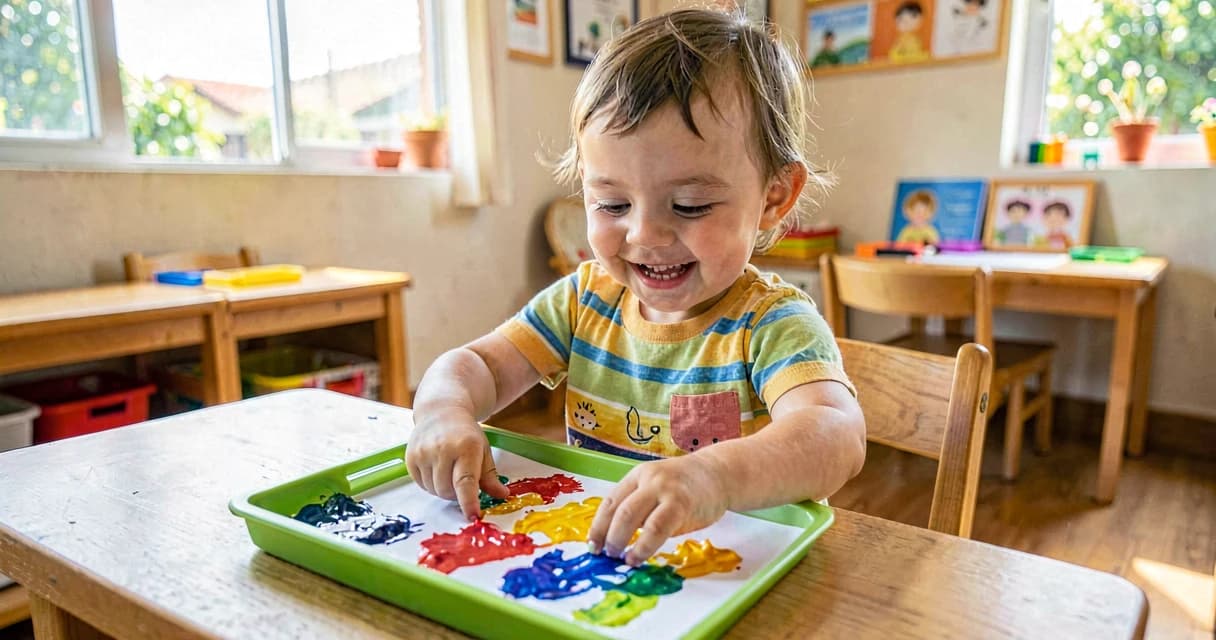 Pintura com dedos para bebês: criança explorando tinta colorida atóxica em papel branco em ambiente de creche seguro