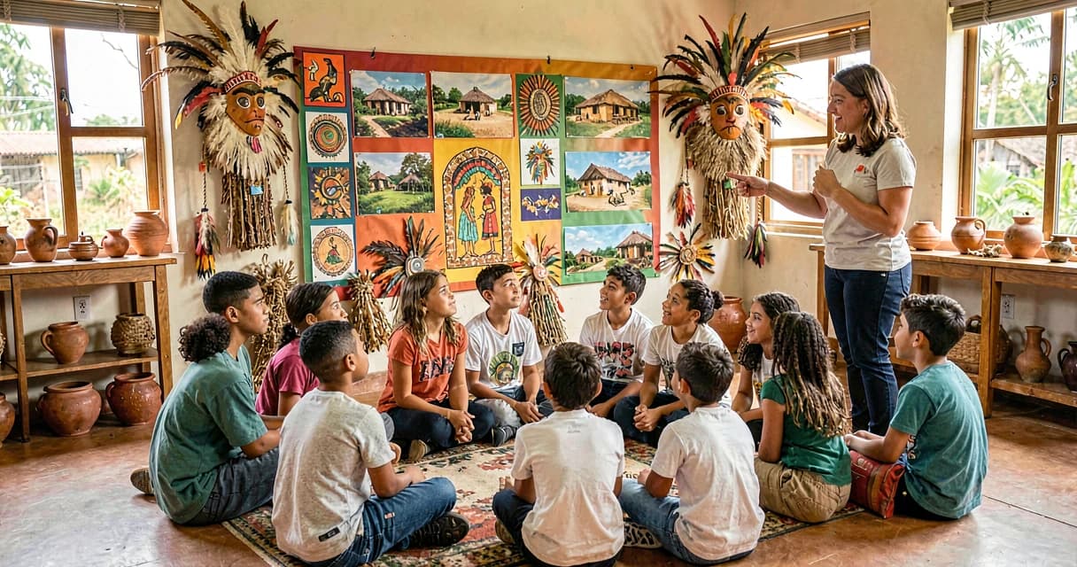 Cultura indígena brasileira: crianças de 4º ano em roda de aprendizagem observando arte e objetos tradicionais indígenas