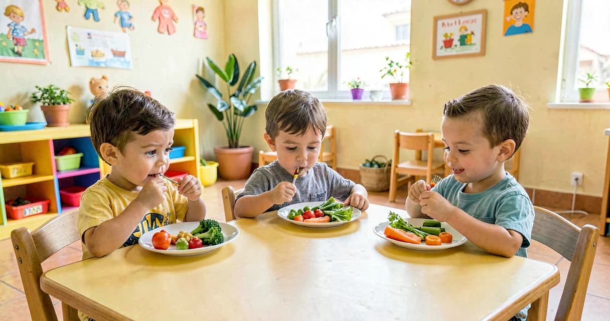 plano de aula experimentando vegetais: crianças da creche provando vegetais variados