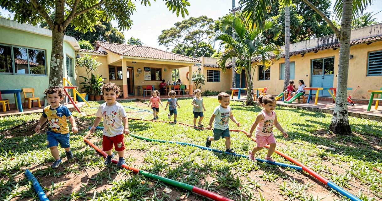 plano de aula cordas coloridas: crianças da creche seguindo trajeto sinuoso com corda no chão