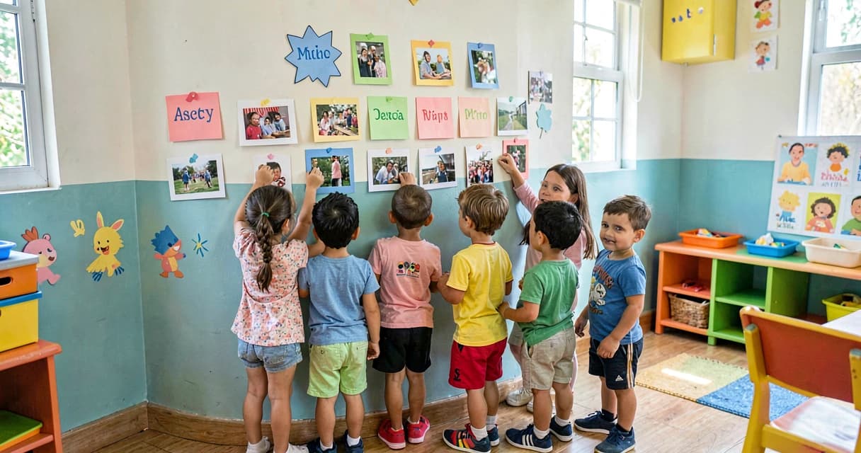 plano de aula reconhecendo o nome: crianças da creche montando mural com cartões de nome