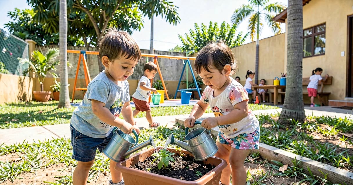 plano de aula cuidando das plantas: crianças da creche regando plantas com regador pequeno