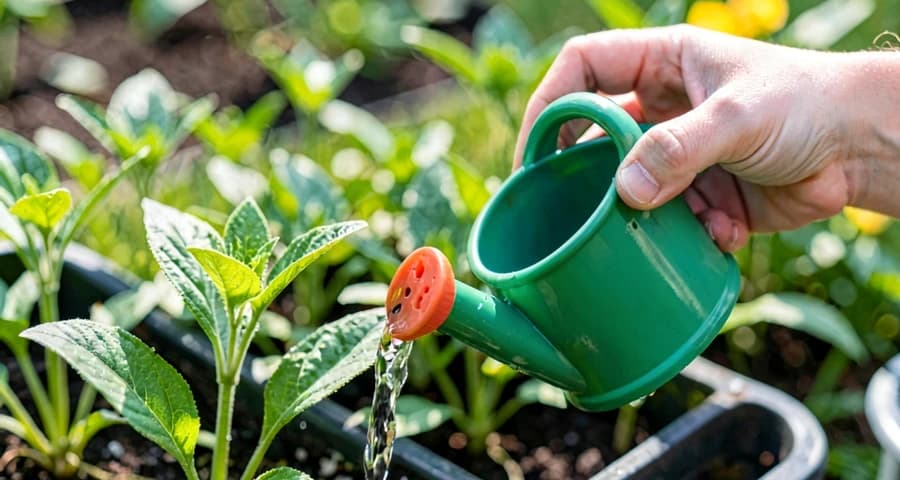 criança da creche regando planta com regador infantil na atividade
