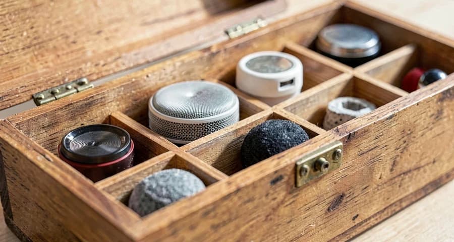 caixa de compartimentos com objetos sonoros usada em atividade sensorial na creche