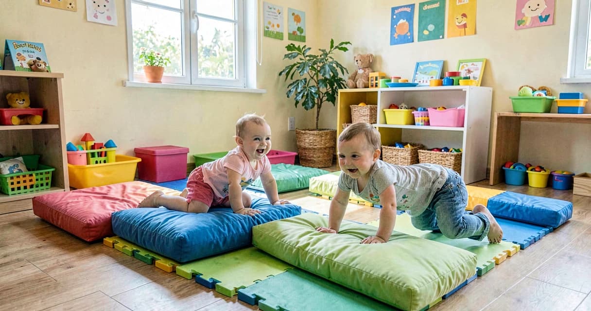 plano de aula percurso de obstáculos: bebês da creche engatinhando sobre colchonetes macios