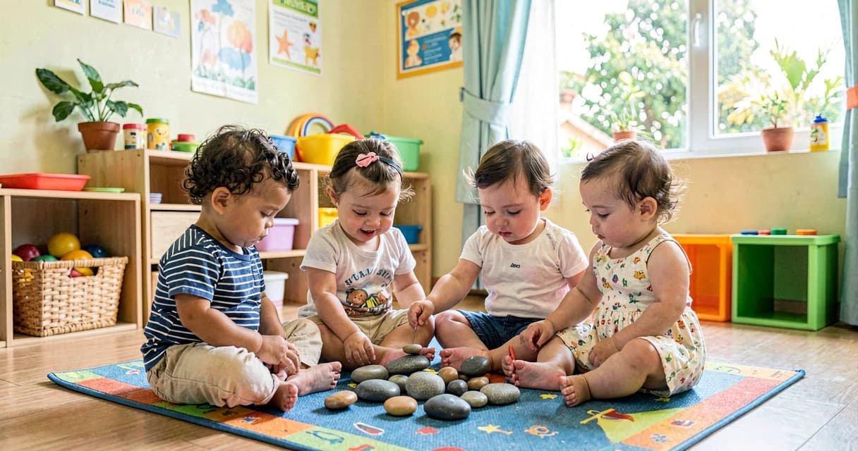 plano de aula explorando pedrinhas: bebês da creche tocando pedras de tamanhos variados