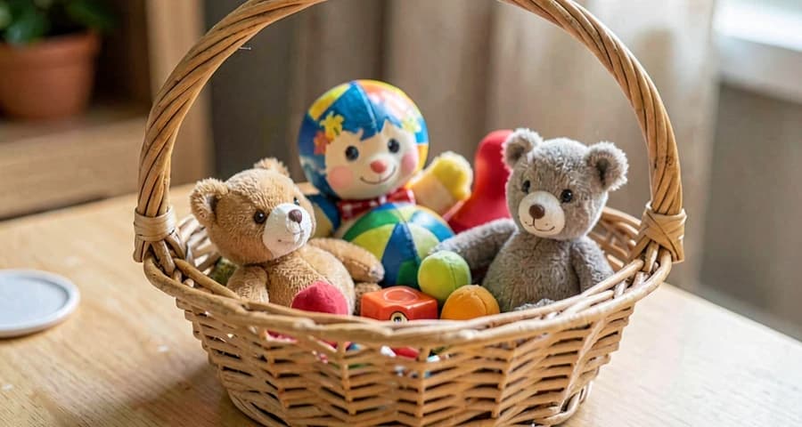 cesta com brinquedos trazidos de casa para atividade de apresentação na creche