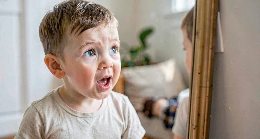 criança da creche fazendo careta engraçada em frente ao espelho