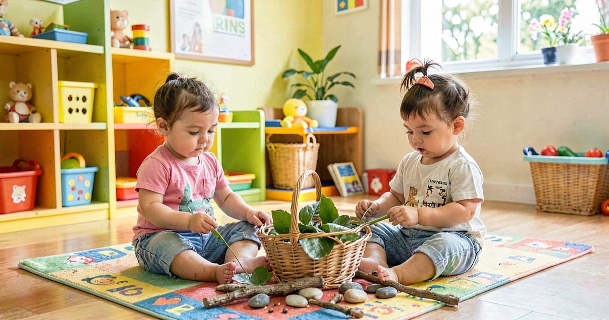 plano de aula cesto de tesouros: bebês da creche explorando elementos naturais em cesto