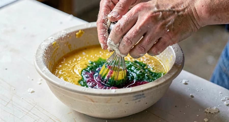 mãos de criança misturando texturas coloridas com água em atividade sensorial na creche