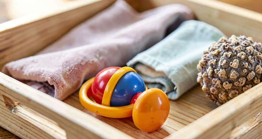 bandeja com objetos sensoriais variados usada em atividade de escolha na creche