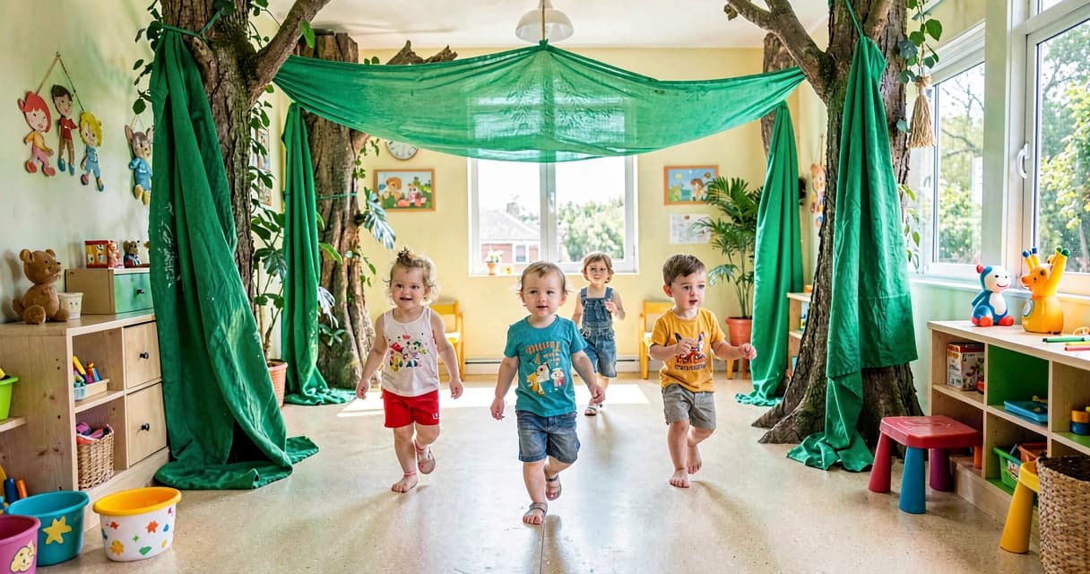 plano de aula floresta imaginária: crianças da creche brincando de faz de conta na floresta