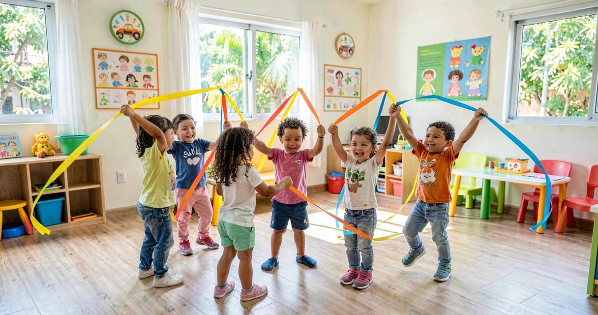 plano de aula dança maranhense: crianças da creche dançando em roda com fitas coloridas