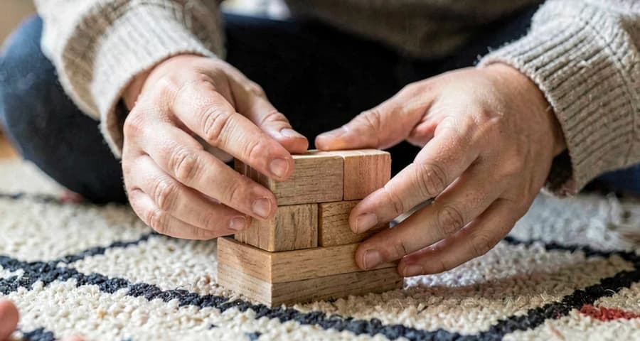 mãos de criança construindo com blocos de madeira em atividade de escolha livre