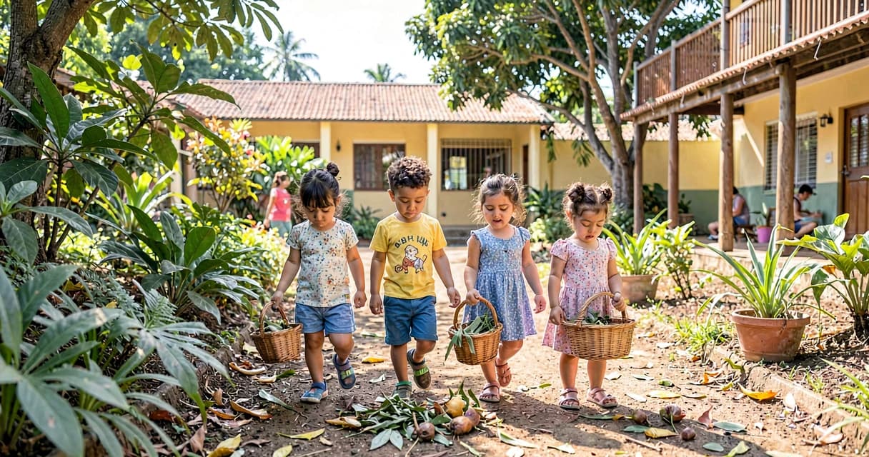 plano de aula explorando ao ar livre: crianças da creche coletando elementos naturais em passeio
